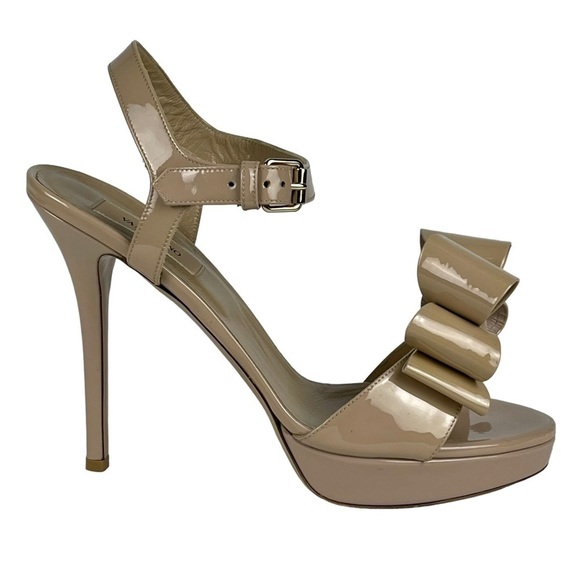 VALENTINO GARAVANI NUDE PLATFORM PATENT LEATHER ANKLE STRAP BOW TOP HEELS - Picture 5 of 15